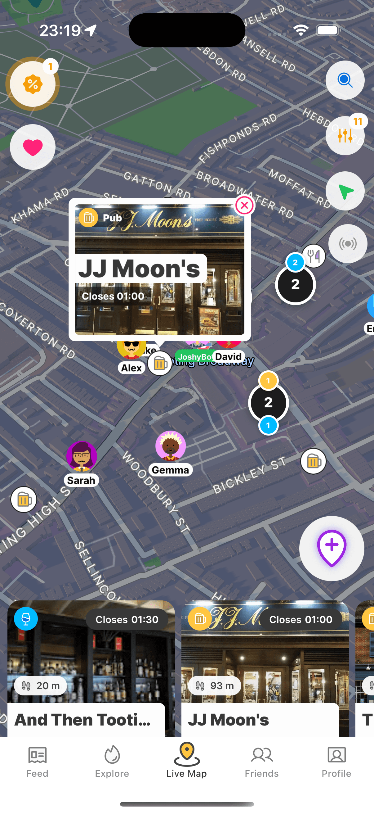 Realtime app — live venue map with friends and venues