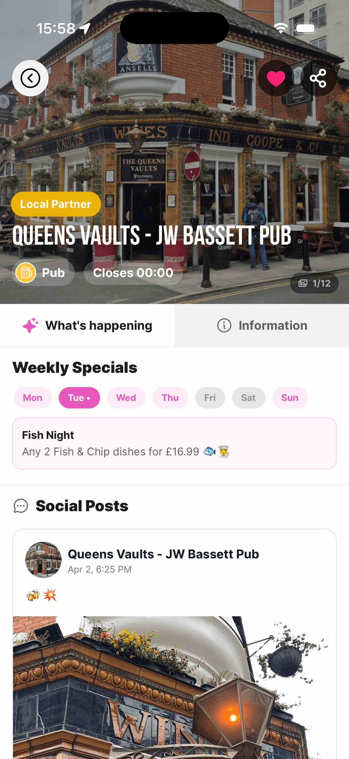 Realtime app — venue page with what's happening, specials, and social posts